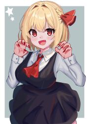 1girl :d absurdres ascot black_dress blush braid breasts collared_shirt commentary dress fang fingernails grey_background hair_intakes hair_ribbon highres large_breasts long_fingernails long_sleeves looking_at_viewer ody_kishi open_mouth red_ascot red_eyes red_ribbon ribbon rumia shirt side_braid simple_background single_braid smile solo star_(symbol) touhou white_shirt