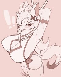 ! !! 1girl 3gs ahoge animal_ear_fluff animal_ears animal_nose armpits arms_behind_head arms_up bdsm blush bondage bound bound_wrists breasts cleavage_cutout closed_mouth clothes_writing clothing_cutout covered_erect_nipples cowboy_shot crop_top cross_scar female_focus flat_color fox_ears fox_girl fox_tail from_above furry furry_female half-closed_eyes large_breasts long_hair looking_at_viewer mature_female mole mole_under_eye monochrome navel no_pants original panties partially_submerged pink_background pink_theme raised_eyebrows ripples romaji_text rope sash scar scar_on_face shirt shuriken_hair_ornament sideboob simple_background sleeveless sleeveless_shirt snout solo standing string_panties sweat tail underwear wading