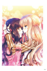 Rule 34 | 2girls, absurdres, blonde hair, blue eyes, blush, bow, breast press, breasts, brown eyes, brown hair, closed mouth, from side, hair ribbon, highres, long hair, long sleeves, mouth hold, multiple girls, noses touching, original, pink bow, red ribbon, ribbon, ribbon in mouth, scan, smile, striped clothes, suzunone rena, wavy hair, yuri