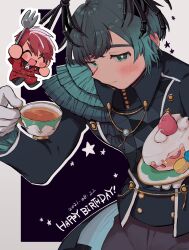 2boys :d ^_^ aqua_hair barbatos_(obey_me!) black_shirt blush border buttons cake cake_slice chibi chibi_inset closed_eyes coat collared_shirt cowboy_shot cup dated diavolo_(obey_me!) food fork frilled_sleeves frills fruit gold_buttons gradient_hair green_eyes grey_border hair_between_eyes happy_birthday head_wings highres holding holding_cup holding_fork holding_plate hunched_over light_smile looking_at_viewer macaron male_focus multicolored_hair multiple_boys necktie obey_me!:_one_master_to_rule_them_all! open_mouth pants parted_bangs plate purple_background raised_eyebrows red_coat red_hair sansyo_(sansyo_wari933) shadow shirt short_hair single_sidelock skeletal_wings smile solo_focus star_(symbol) strawberry strawberry_shortcake tailcoat tea teacup thick_eyebrows v-shaped_eyebrows white_necktie wings