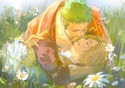 2boys blonde_hair blue_eyes closed_eyes curly_eyebrows daisy_(flower) facial_hair flower goatee green_hair highres imminent_kiss lying male_focus multiple_boys mustache_stubble on_back one_piece parted_lips roronoa_zoro sanji_(one_piece) short_hair sideburns stubble white_flower yaoi ynnn_m