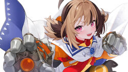 1girl :d ahoge brown_hair cape enigmatic_recollection gauntlets gigi_murin gigi_murin_(1st_costume) hair_between_eyes highres hololive hololive_english hooded_shrug hoshi_usagi looking_at_viewer multicolored_hair open_mouth orange_shrug pink_eyes sharp_teeth shirt short_hair short_twintails shrug_(clothing) simple_background smile solo teeth twintails two-tone_hair virtual_youtuber white_background white_cape white_shirt