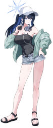 1girl absurdres aqua_jacket baseball_cap black_camisole blue_archive blue_halo breasts camisole colored_inner_hair commentary denim denim_shorts full_body grey_shorts halo hat headphones headphones_around_neck highres jacket large_breasts long_hair multicolored_hair official_alternate_costume sakazuki_sudama saori_(blue_archive) saori_(swimsuit)_(blue_archive) shorts solo tachi-e thighs white_hat