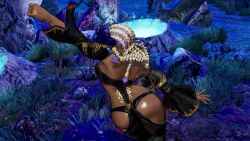 1girl ass backboob bodypaint braid braided_ponytail breasts curvy dark-skinned_female dark_skin dolores_(kof) dress female_focus from_behind gold huge_ass huge_breasts jewelry large_breasts leather long_hair long_sleeves multicolored_hair outdoors panties purple_hair rain sideboob standing the_king_of_fighters thick_thighs thighs two-tone_hair underwear white_hair wide_hips