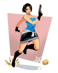 1girl black_gloves blue_eyes blue_tube_top eightyfourart fingerless_gloves gloves gun handgun highres holding holding_gun holding_weapon jill_valentine miniskirt open_mouth resident_evil resident_evil_3:_nemesis sandwiched short_hair skirt strapless tube_top weapon