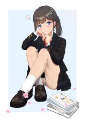 1girl absurdres bdsm blazer blue_eyes blush bondage bound bow bowtie braid brown_hair collared_shirt crotch_rope full_body highres jacket loafers long_hair looking_at_viewer original panties pleated_skirt ponytail red_bow red_bowtie school_uniform shibari shibari_under_clothes shirt shoes sitting skirt smile socks solo underwear wanliu white_panties white_shirt white_socks