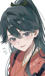 1girl black_eyes black_hair commentary_request highres houshou_(kancolle) japanese_clothes kantai_collection kimono long_hair looking_at_viewer notice_lines pink_kimono ponytail sakana_u_u simple_background smile solo tasuki upper_body white_background