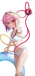 Rule 34 | 1girl, :/, absurdres, alternate costume, arm support, bare arms, bare legs, bikini, black hairband, blush, breasts, closed mouth, commentary request, double-parted bangs, eyeball, feet out of frame, foreshortening, hair between eyes, hair ornament, hairband, hand up, heart, heart hair ornament, highres, innertube, komeiji satori, looking to the side, medium hair, pink eyes, pink hair, simple background, small breasts, solo, standing, swim ring, swimsuit, third eye, touhou, white background, white bikini, zifeiyu (mayamageji)