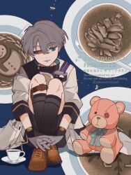 1boy adversarial_noise amanatsu_(amanatu5069) black_sclera black_shorts black_socks blue_background blue_eyes brown_footwear coat coffee colored_sclera crossed_ankles cup facing_viewer full_body gloves grey_gloves grey_hair hand_on_own_ankle heterochromia knees_up latte_art legwear_garter male_focus mismatched_sclera on_ground own_hands_together parted_lips reverse:1999 saucer short_hair shorts single_legwear_garter sitting smile socks solo stuffed_animal stuffed_toy teacup teddy_bear watermark white_coat x_(reverse:1999) yellow_eyes