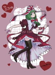 168namu3 1girl arm_ribbon black_thighhighs boots bow brown_boots commission frilled_skirt frills front_ponytail green_eyes green_hair green_nails highres kagiyama_hina looking_at_viewer red_bow red_ribbon red_shirt red_skirt ribbon shirt skeb_commission skirt smile solo thighhighs touhou