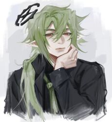 1boy alternate_costume aotu_world bishounen black_jacket black_shirt chinese_commentary closed_mouth collared_shirt formal_clothes green_hair green_necktie grey_background hair_between_eyes half-closed_eyes halo hand_on_own_chin hand_on_own_face head_rest highres jacket long_hair long_sleeves looking_at_viewer low_ponytail male_focus necktie pointy_ears ponytail red_eyes shirt simple_background sketch solo suit upper_body white_background xander_(aotu_world) xw_ji_ben_yuan_li_gailun
