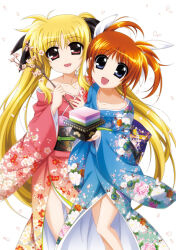 Rule 34 | 2girls, black ribbon, blonde hair, blue eyes, blue kimono, branch, collarbone, fate testarossa, floral print, floral print kimono, hair ribbon, higa yukari, holding, holding bento, holding branch, japanese clothes, kimono, long hair, long sleeves, looking at viewer, lyrical nanoha, mahou shoujo lyrical nanoha, medium hair, multiple girls, obi, off shoulder, official art, orange hair, pink kimono, print kimono, red eyes, ribbon, sash, simple background, standing, takamachi nanoha, twintails, white background, white ribbon, wide sleeves
