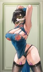 1girl absurdres azur_lane bare_hips bare_shoulders bingtang_xueli black_hair black_panties black_thighhighs blue_dress blue_flower breasts chien_wu_(azur_lane) chien_wu_(dressed_for_just_tonight)_(azur_lane) china_dress chinese_clothes cleavage dress evening_gown floral_print flower highres lace lace-trimmed_thighhighs lace_trim large_breasts medium_hair official_alternate_costume panties red_eyes red_flower remote_control_vibrator sex_toy solo thighhighs underwear vibrator vibrator_under_clothes