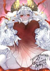 1girl az_(colorb05) blazing_cartesia_the_virtuous breasts colored_skin commission covered_erect_nipples cowboy_shot dress duel_monster ecclesia_(yu-gi-oh!) grey_hair grey_skin highres large_breasts long_hair molestation red_dress red_eyes skeb_commission solo_focus spread_legs watermark yu-gi-oh!