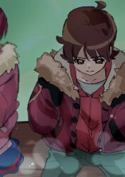 Rule 34 | 1boy, 1girl, absurdres, ahoge, aino megumi, aqua background, aqua pants, blue skirt, brown eyes, brown hair, buttons, closed mouth, coat, collarbone, commentary request, cowboy shot, denim, downturned eyes, fur-trimmed coat, fur trim, hands in pockets, happinesscharge precure!, highres, hood, hood down, hooded jacket, jacket, jeans, light particles, long sleeves, male focus, miniskirt, on bench, open clothes, open coat, pants, pink coat, pink hair, ponytail, precure, puffy long sleeves, puffy sleeves, red coat, red jacket, sad, sagara seiji, shipu (gassyumaron), shirt, short hair, signature, sitting, skirt, solo focus, swept bangs, white shirt, winter clothes