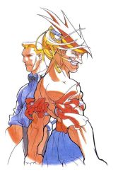 Rule 34 | 1990s (style), 2boys, abs, adon (street fighter), bengus, blonde hair, capcom, crmk, eagle (street fighter), evil face, evil smile, facial hair, game, grin, headband, male focus, muai thai, multiple boys, muscular, mustache, official art, orange hair, red hair, retro artstyle, ribbon, scar, shirt, short hair, sleeves rolled up, smile, spiked hair, street fighter, street fighter i, street fighter zero (series), topless male