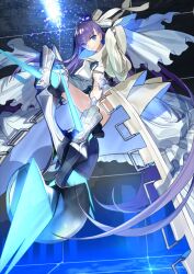 1girl absurdly_long_hair armored_boots blue_eyes blue_thighhighs boots breasts chain closed_mouth cropped_jacket crotch_plate dynamic_pose fate/grand_order fate_(series) floating_hair frilled_jacket frilled_skirt frills full_body glowing grey_boots grid hair_between_eyes hair_ribbon hand_up high_collar jacket juliet_sleeves knee_spikes knee_up long_hair long_skirt long_sleeves looking_at_viewer meltryllis_(fate) meltryllis_(third_ascension)_(fate) multicolored_jacket navel official_art platform_boots puffy_sleeves purple_hair ribbon showgirl_skirt skirt sleeves_past_fingers sleeves_past_wrists smile solo spikes thighhighs third-party_source two-sided_fabric two-sided_jacket two-sided_skirt variant_set very_long_hair wada_arco white_jacket white_ribbon white_skirt