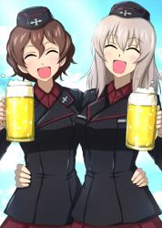 Rule 34 | 2girls, :d, alcohol, arm around waist, beer, beer mug, black headwear, black jacket, blue sky, brown hair, closed eyes, cloud, cloudy sky, commentary, cup, day, dress shirt, facing viewer, garrison cap, girls und panzer, grey hair, hat, highres, holding, holding cup, insignia, itsumi erika, jacket, kuromorimine military uniform, long sleeves, medium hair, military hat, military uniform, mug, multiple girls, nishizumi maho, omachi (slabco), open mouth, outdoors, red shirt, red skirt, shirt, short hair, side-by-side, skirt, sky, smile, wing collar