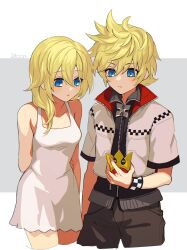1boy 1girl absurdres arm_behind_back bare_shoulders black_pants blonde_hair blue_eyes cellphone commentary_request dress hair_between_eyes highres holding holding_phone jacket kingdom_hearts kingdom_hearts_ii kingdom_hearts_iii long_hair namine nana_(nanalog76) open_clothes open_jacket pants phone pointy_hair roxas short_hair short_sleeves sleeveless sleeveless_dress white_dress white_jacket
