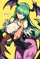 1girl absurdres bare_shoulders black_leotard breasts bridal_gauntlets cleavage cowboy_shot darkstalkers demon_girl green_eyes green_hair head_wings highres komatsuki_n large_breasts leotard long_hair low_wings morrigan_aensland multiple_wings pantyhose print_pantyhose purple_pantyhose simple_background solo twitter_username wings yellow_background