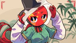 1girl banbi brown_eyes china_(countryhumans) chinese_clothes colored_skin countryhumans hanfu hat long_sleeves mixed-language_commentary people&#039;s_republic_of_china_flag red_hair red_skin solo tang_dynasty upper_body veil whk yellow_nails