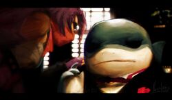 1boy 1girl absurdres artist_name black_suit closed_mouth commentary dated derivative_work english_commentary formal_clothes highres jeff_(marvel) looking_at_another marvel marvel_rivals masked neo_jpeg psylocke purple_hair red_scarf scarf shark shark_fin signature suit superhero_costume the_godfather