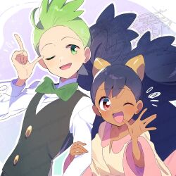 Rule 34 | 1boy, 1girl, aqua background, big hair, black hair, black vest, border, bow, bowtie, buttons, cilan (pokemon), collared shirt, dark-skinned female, dark skin, dot nose, dress shirt, eyelashes, forehead, formal clothes, gradient background, green bow, green bowtie, green eyes, green hair, hairpods, happy, height difference, high collar, holding another&#039;s arm, iris (pokemon), light blush, long hair, long sleeves, nintendo, notice lines, one eye closed, open mouth, outline, outside border, pokemon, pokemon (anime), pokemon bw (anime), purple background, red eyes, round border, serizawa serizane, shirt, sleeve cuffs, smile, traditional bowtie, twitter username, two side up, upper body, v-neck, very long hair, vest, watermark, watermark grid, white border, white outline, white shirt, wide sleeves, yellow shirt