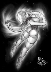 Rule 34 | 1girl, arched back, ass, aura, blunt bangs, breasts, closed eyes, commentary, derivative work, english commentary, full body, greyscale, highres, hime cut, leotard, comic panel redraw, medium breasts, melascula, monochrome, nanatsu no taizai, own hands together, signature, solo, the golden smurf, thighhighs