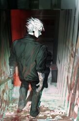 1boy back bandaged_arm bandaged_hand bandages black_jacket black_pants blood blood_on_clothes blood_on_ground blood_on_wall brown_shoes closed_mouth earrings full_body gaku_(sakamoto_days) hair_slicked_back highres jacket jewelry looking_back male_focus nose pants parted_bangs peiyujie1 sakamoto_days shoes sideways_glance solo white_hair