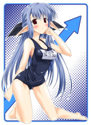 00s 1girl arched_back barefoot blue_hair blue_one-piece_swimsuit breasts character_name cleavage colored_eyelashes female_focus from_side full_body half_updo halftone legs_apart long_hair mizuki_makoto name_tag nerine one-piece_swimsuit outside_border pointy_ears red_eyes school_swimsuit shuffle! solo swimsuit very_long_hair white_background