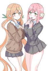 2girls blazer blush brown_cardigan cardigan flower green_eyes green_ribbon hair_flower hair_ornament hanazono_hakari hand_on_own_face highres inda_karane jacket kimi_no_koto_ga_dai_dai_dai_dai_daisuki_na_100-nin_no_kanojo looking_at_viewer multiple_girls pink_hair ribbon sierit smile twintails