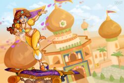 1girl alternate_costume breasts brown_hair carpet cleavage earrings flag flower_earrings flying full_body grin jewelry long_hair looking_at_viewer mario_(series) mario_kart mario_kart_world midriff nintendo palace ponytail princess_daisy smile