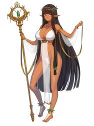 1girl armlet barefoot black_hair blunt_bangs bracelet breasts brown_eyes cleavage dairoku_ryouhei dark-skinned_female dark_skin elf full_body hilde_eberwein holding holding_staff jewelry kishiba_yuusuke large_breasts long_hair pointy_ears solo staff standing tan transparent_background very_long_hair