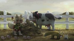 6+girls ^_^ animal animal_ears animalization bell bird blonde_hair boots borrowed_character brown_collar closed_eyes collar commentary_request cow day duck farm farmer fence fox fox_ears fox_girl fox_tail green_shirt hair_between_eyes hair_bun hair_ornament hay holding jingle_bell kemomimi-chan_(naga_u) long_sleeves looking_away multiple_girls neck_bell original outdoors pitchfork pleated_skirt rabbit red_eyes red_skirt sailor_collar shirt shousi_zhi_emo_p sidelocks single_hair_bun skirt sleeves_past_fingers sleeves_past_wrists standing tail white_footwear white_sailor_collar yellow_neckwear