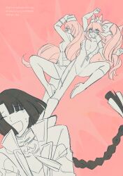 Rule 34 | 1boy, 2girls, animal ear fluff, animal ears, attack, black hair, bodysuit, braid, braided ponytail, breasts, cleavage, closed eyes, commentary request, dual persona, fate/grand order, fate (series), forced smile, fox ears, fox girl, fox tail, garrison cap, glasses, greyscale with colored background, hat, high heels, highres, koyanskaya (assassin) (first ascension) (fate), koyanskaya (fate), koyanskaya (foreigner) (first ascension) (fate), large breasts, long hair, multiple girls, open mouth, pink background, pink hair, pryo tea, sidelocks, spot color, taigong wang (fate), tail, tamamo (fate), tears