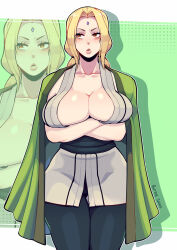 1girl arms_under_breasts artist_name black_pants blonde_hair breasts butter_sugoi collarbone commentary cowboy_shot crossed_arms facial_mark forehead_mark gluteal_fold green_background haori highres japanese_clothes large_breasts naruto naruto_(series) orange_hair pants sidelocks signature solo thick_lips thigh_gap tsunade_(naruto) zoom_layer