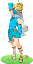 1boy absurdres arm_up blonde_hair blue_eyes blue_mask blue_nails blue_shirt blue_shorts blush brown_sandals crossdressing detached_sleeves full_body gladiator_sandals grass grey_scarf hair_bun highres holding legs link long_sleeves looking_at_viewer male_focus medium_hair mushroom nintendo outdoors parted_bangs pelvic_curtain pointy_ears sandals scarf shiny_skin shirt shorts sidelocks simple_background solo st_(youx1119) standing sweatdrop sword the_legend_of_zelda the_legend_of_zelda:_tears_of_the_kingdom thighs toenails toes translation_request trap triforce weapon white_background