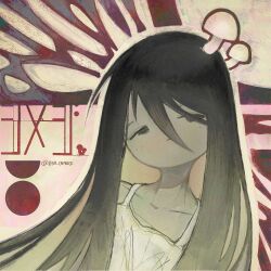 1girl abstract_background black_hair camisole closed_mouth collarbone gba_dvance hair_between_eyes highres long_hair looking_up mushroom mushroom_on_head no_pupils no_sclera shimeji_simulation solo straight_hair swept_bangs tsukishima_shijima twitter_username white_camisole