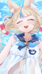 Rule 34 | 1girl, absurdres, animal ear fluff, animal ears, bikini, bikini under clothes, blonde hair, blue bikini, blue hair, blue sailor collar, blue sky, blunt bangs, blurry, cat ears, closed eyes, commentary, day, dress, english commentary, facing viewer, fangs, frilled shirt collar, frills, front slit, highres, indie virtual youtuber, long hair, midriff peek, multicolored hair, navel, open mouth, outdoors, sailor collar, sameko saba, sky, sleeveless, sleeveless dress, smile, solo, streaked hair, swimsuit, teeth, upper body, upper teeth only, virtual youtuber, white dress, white hair, yoellim5