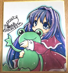 1girl absurdres blue_eyes blush comiket_98 commentary_request cowboy_shot dress fujii_ryou hair_intakes highres kanon long_hair long_sleeves looking_at_viewer minase_nayuki purple_hair red_dress shikishi simple_background solo stuffed_animal stuffed_frog stuffed_toy white_background