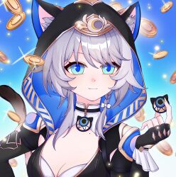 1girl absurdres animal_ears animal_hood black_gloves black_leotard blue_eyes breasts cat_ears cat_girl cat_hood cat_tail chinese_commentary cipher_(honkai:_star_rail) cleavage coin commentary_request fingerless_gloves gloves gold_coin grey_hair highres holding holding_coin honkai:_star_rail honkai_(series) hood hooded_leotard leotard medium_breasts mobeinanqi180 mole mole_on_breast short_hair_with_long_locks solo tail upper_body