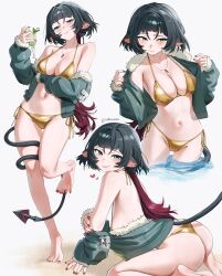 1girl absurdres animal_ears bare_shoulders bikini blush breasts collarbone gold_bikini highres jane_doe_(zenless_zone_zero) large_breasts long_hair looking_at_viewer mouse_ears mouse_girl mouse_tail multiple_views navel smile swimsuit tail thighs waligner zenless_zone_zero