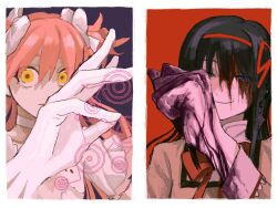 2girls akemi_homura black_hair blood_from_forehead blood blood_on_face blood_on_hands border bow bowtie choker clenched_hand closed_mouth commentary_request diamond_earrings dress earrings empty_eyes floating_earrings gloves hair_bow hair_ribbon hairband hand_up highres jewelry kaname_madoka long_hair long_sleeves looking_at_viewer magic_circle mahou_shoujo_madoka_magica mahou_shoujo_madoka_magica:_hangyaku_no_monogatari mitakihara_school_uniform multiple_girls multiple_hair_bows narrowed_eyes nou_325 open_hand opposing_sides pink_hair purple_blood purple_eyes red_bow red_bowtie red_hairband red_ribbon ribbon school_uniform short_sleeves smirk two_side_up ultimate_madoka upper_body white_border white_bow white_choker white_dress white_gloves wide-eyed yellow_eyes