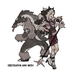 1boy absurdres boots character_name commentary_request cropped_jacket gen_8_pokemon gloves highres ichi_kawa_ichi jacket knees long_hair male_focus microphone microphone_stand multicolored_hair nintendo obstagoon open_clothes open_jacket open_mouth piers_(pokemon) pokemon pokemon_(creature) pokemon_swsh shirt shorts simple_background single_glove standing two-tone_hair white_background