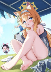 &lt;|&gt;_&lt;|&gt; 2girls animal_ear_fluff animal_ears barefoot black_hat black_shoes blue_archive blue_eyes blue_jacket blue_shorts blush bottle cat_ears cat_girl flower hair_flower hair_ornament hairband hat head_wings highres holding holding_bottle jacket koharu_(blue_archive) long_hair mari_(blue_archive) mari_(track)_(blue_archive) multiple_girls navi-loxia no_pants no_shirt official_alternate_costume orange_hair pink_hair shirt shoes shorts soles twintails water_bottle white_flower white_hairband wings