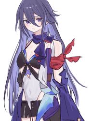 1girl arm_scarf asymmetrical_clothes blush breasts bad_tag honkai:_star_rail honkai_(series) karua0621 long_hair looking_at_viewer parted_bangs purple_eyes purple_hair purple_scarf scarf seele_(honkai:_star_rail) short_shorts shorts very_long_hair white_background
