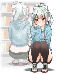 1girl absurdres ass black_thighhighs blue_hoodie blush bow brown_eyes casual closed_mouth collarbone commentary_request furaggu_(frag_0416) green_hair green_shorts hair_bow hair_ribbon hand_on_own_cheek hand_on_own_face highres hood hoodie kantai_collection long_hair midriff_peek multiple_views ponytail ribbon shoes shorts smile sneakers squatting thighhighs thighs white_bow white_ribbon white_shoes yuubari_(kancolle)