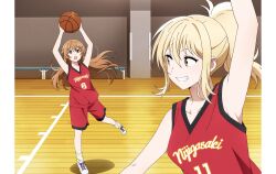 2girls absurdres artbook basketball basketball_uniform blonde_hair brown_hair hair_ornament hairclip highres konoe_kanata long_hair love_live! love_live!_nijigasaki_high_school_idol_club medium_hair miyashita_ai multiple_girls non-web_source official_art orange_eyes ponytail purple_eyes red_shorts shoes shorts smile sneakers sportswear