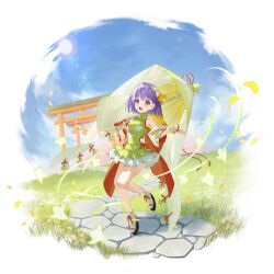 1girl absurdres alexhong1129 architecture bare_legs bare_shoulders blue_sky bow breasts building curvy detached_sleeves dress east_asian_architecture fate/grand_order fate_(series) flower full_body geta grass green_dress hair_between_eyes hair_flower hair_ornament highres holding holding_umbrella kazuradrop_(fate) kazuradrop_(third_ascension)_(fate) layered_clothes layered_skirt leaf looking_at_viewer multiple_torii off_shoulder oil-paper_umbrella open_mouth outdoors outstretched_arm outstretched_hand purple_eyes purple_hair red_ribbon ribbon short_hair skirt sky small_breasts smile solo spread_fingers standing thighs torii umbrella umbrella_over_shoulder white_skirt wind yellow_bow