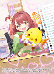 1girl animal bird bob_cut bookshelf brown_eyes brown_hair computer_keyboard computer_mouse copyright_notice desk duel_masters duel_masters_lost eggshell hair_ornament heart holding holding_animal holding_bird hood hoodie humpty_rupia indoors katori_niika livestream looking_at_viewer microphone official_art okanoyuno on_chair one_side_up open_mouth short_hair sitting teeth upper_body upper_teeth_only
